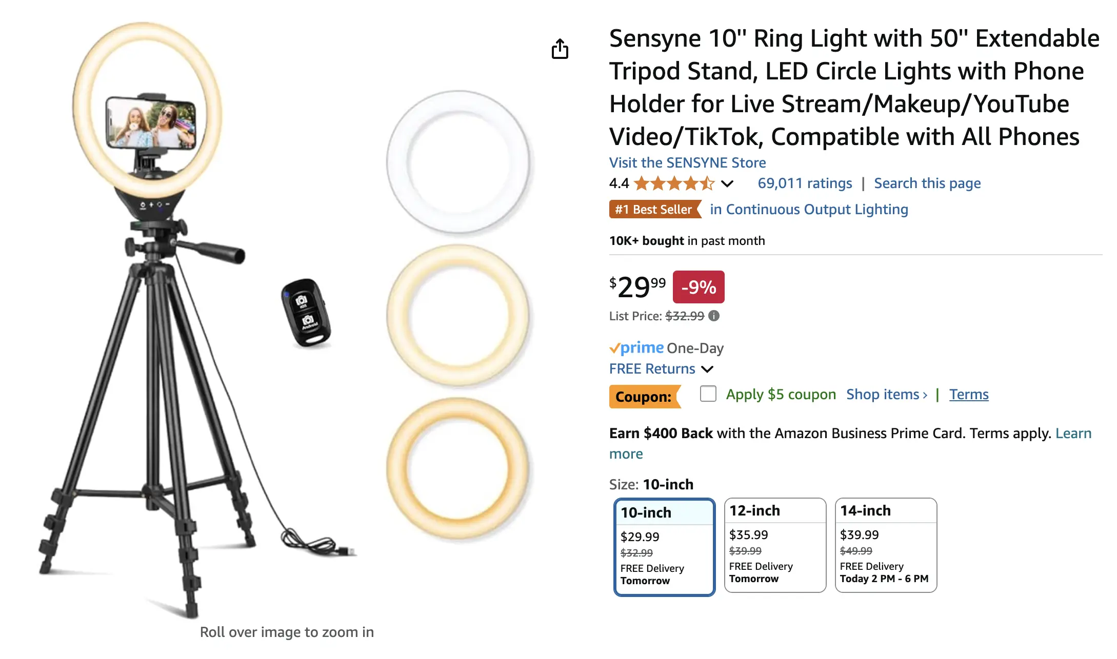 Sensyne 10'' Ring Light with 50'' Extendable Tripod Stand, LED Circle Lights with Phone Holder for Live Stream/Makeup/YouTube Video/TikTok, Compatible with All Phones