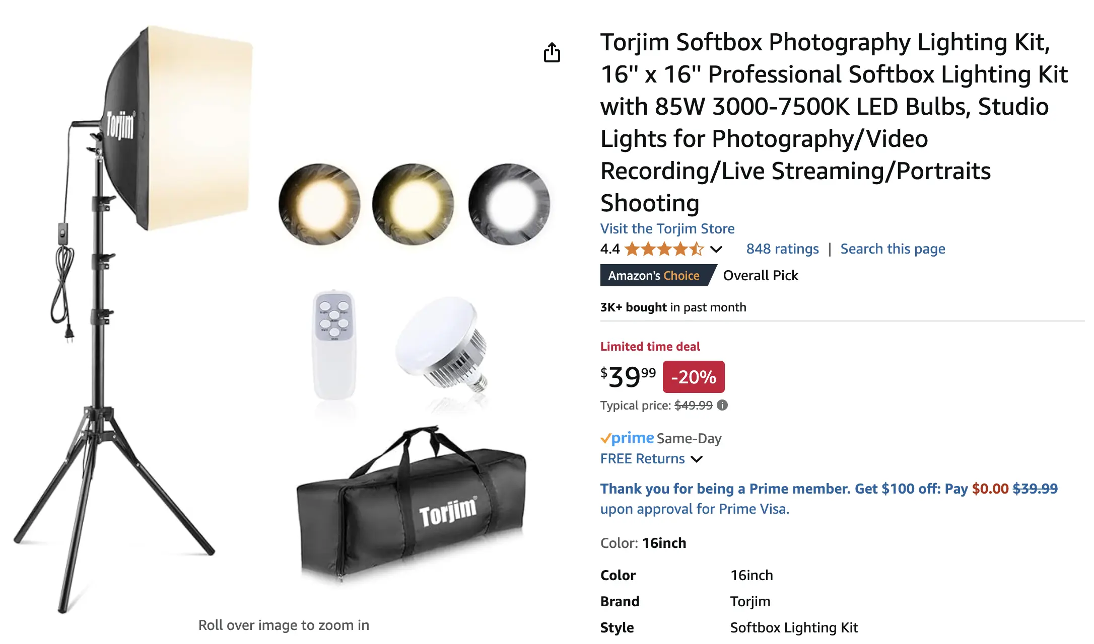 Torjim Softbox Photography Lighting Kit, 16'' x 16'' Professional Softbox Lighting Kit with 85W 3000-7500K LED Bulbs, Studio Lights for Photography/Video Recording/Live Streaming/Portraits Shooting